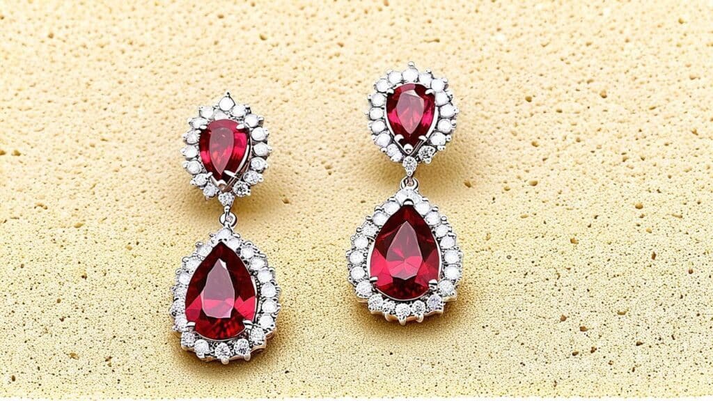 Teardrop red spinel dangle earrings with diamond halos on textured yellow background