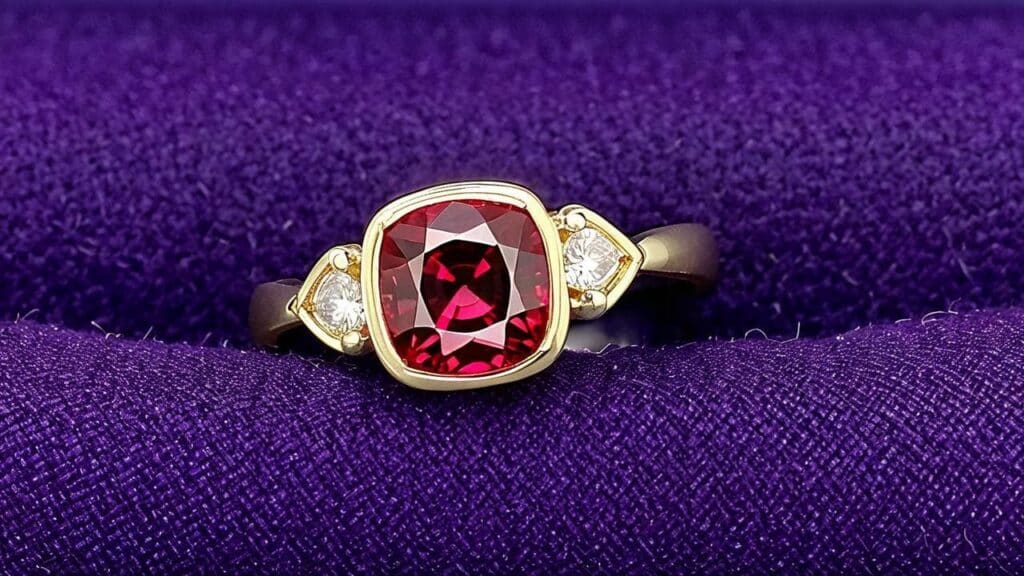 Cushion-cut red spinel ring in yellow gold setting with side diamonds on purple background