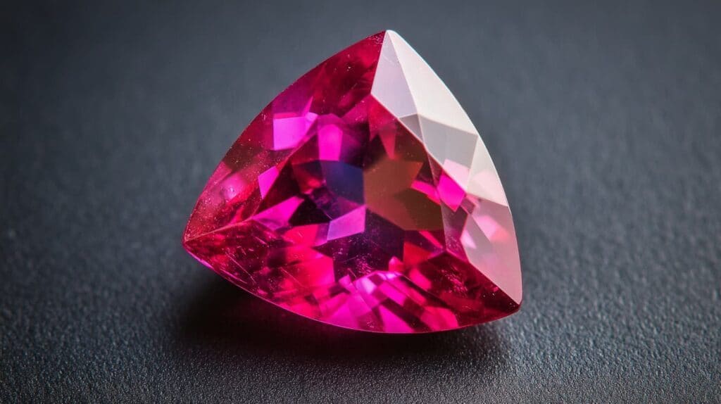 Close-up of a red trillion-cut gemstone with brilliant facets, placed on a dark background.
