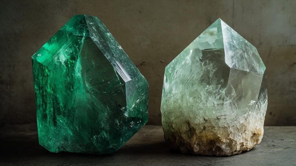 Raw green beryl and emerald crystals side by side, highlighting their color and formation differences.