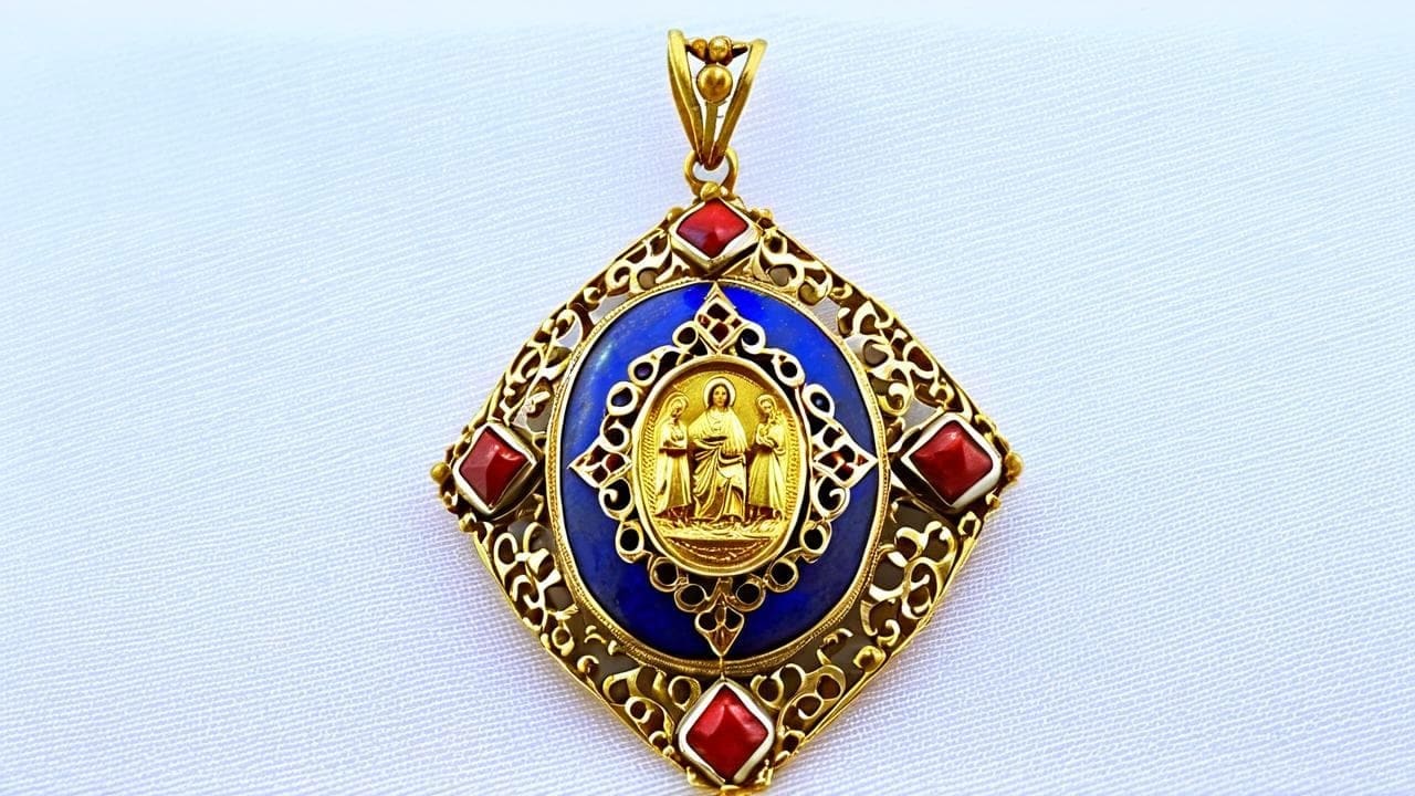 Renaissance gold pendant with a religious scene on blue enamel and red gems