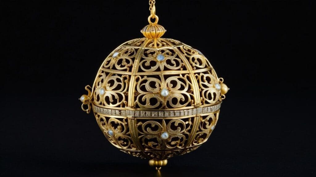 Intricately designed Renaissance gold pomander pendant with delicate filigree and pearl embellishments, used for carrying perfumes.