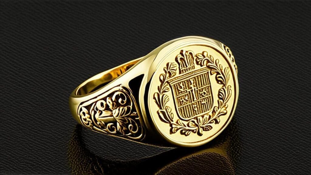 Renaissance-style gold signet ring featuring an engraved coat of arms, symbolizing status and heritage.