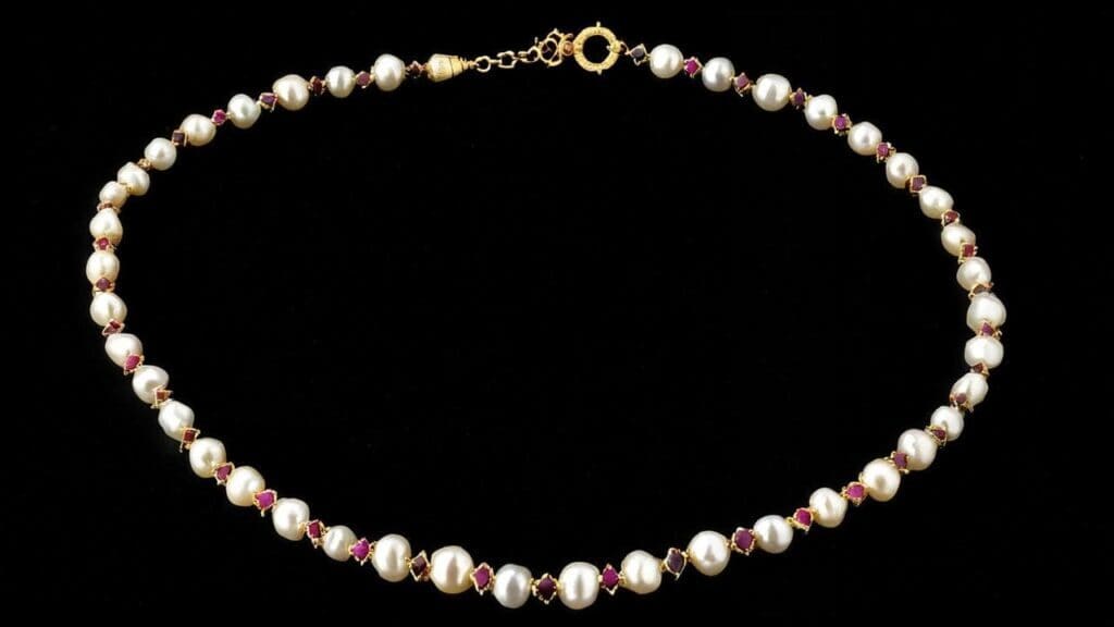 Renaissance-style pearl necklace with ruby accents set in gold, displayed against a black background.