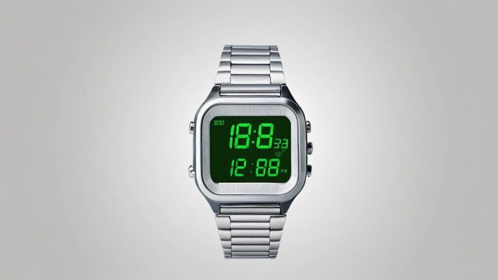 Classic retro-style digital watch with silver stainless steel case and bracelet, featuring green LED display