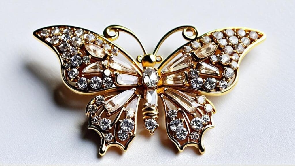 Vintage rhinestone butterfly brooch with gold plating featuring different shaped crystals and intricate wing details