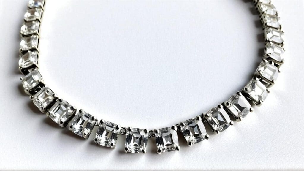 Close-up of rhinestone tennis choker necklace featuring emerald cut stones in classic prong settings