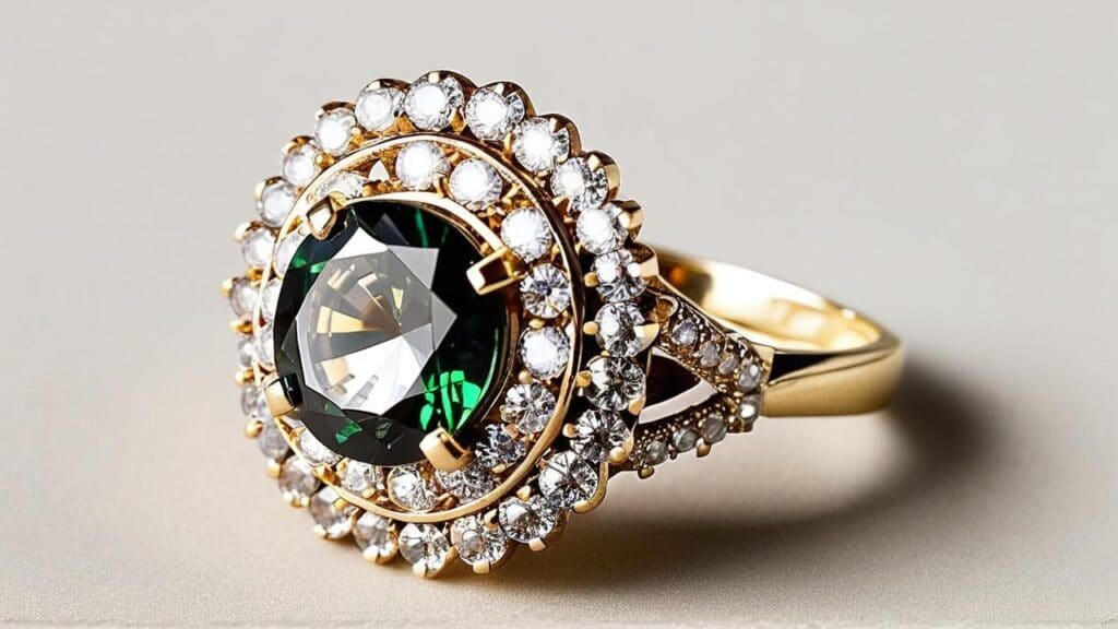 Statement rhinestone cocktail ring with green center stone surrounded by double halo of clear crystals