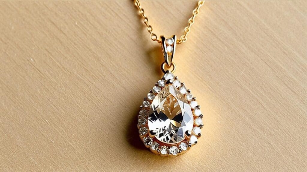 Halo setting rhinestone teardrop pendant necklace with surrounding smaller crystals on gold tone chain