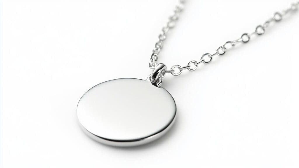 A rhodium-plated necklace with a simple, reflective circular pendant on a delicate chain.