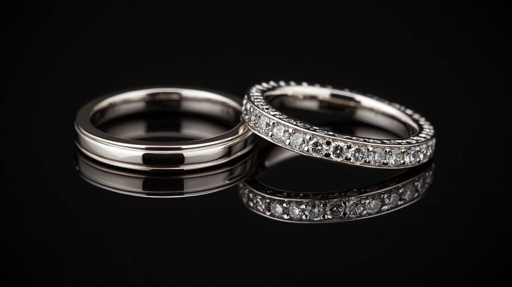 Two rhodium-plated rings, one plain and one adorned with diamonds, reflecting light on a black background.