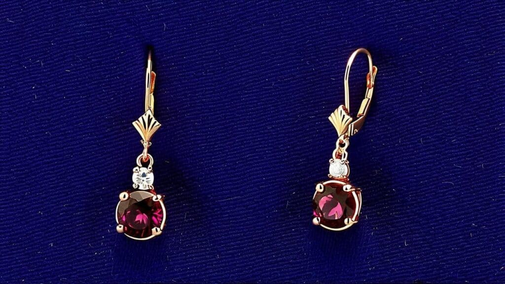Elegant rhodolite garnet dangle earrings with round-cut garnets and diamond accents set in gold, displayed against a dark blue background.