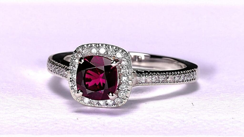 A rhodolite garnet engagement ring featuring a cushion-cut garnet center stone surrounded by a halo of diamonds set in white gold.