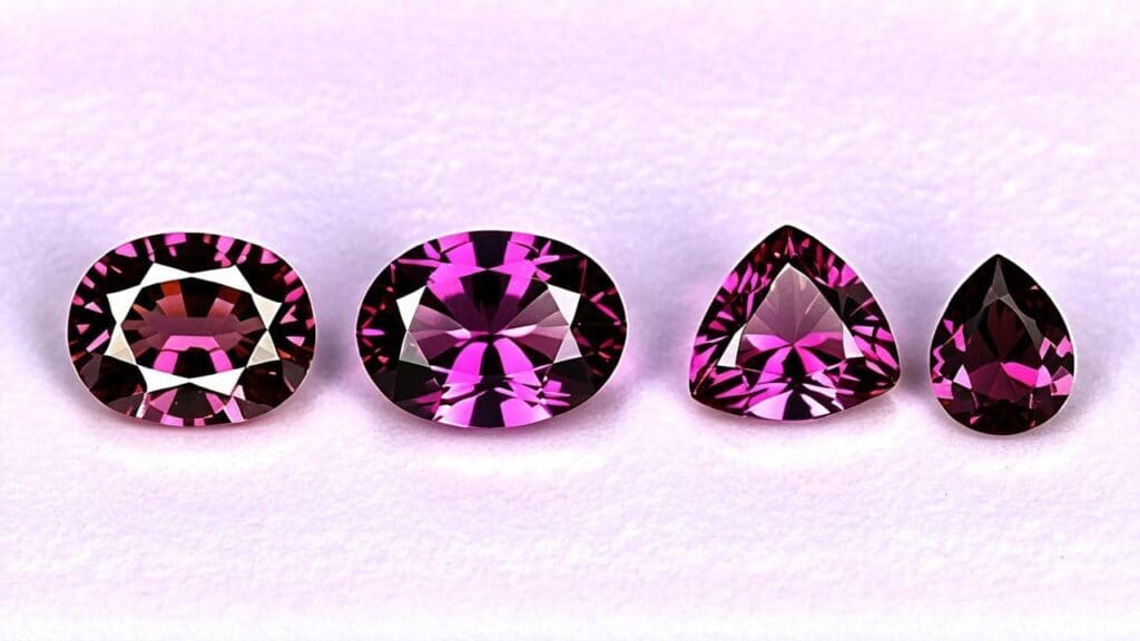 Four faceted rhodolite garnet gemstones in oval, triangular, and pear shapes, showcasing their vibrant raspberry-pink to purple-red hues.