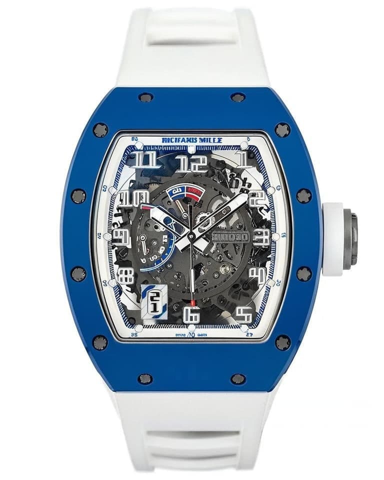 Richard Mille with blue ceramic tonneau case, skeletonized movement and white strap