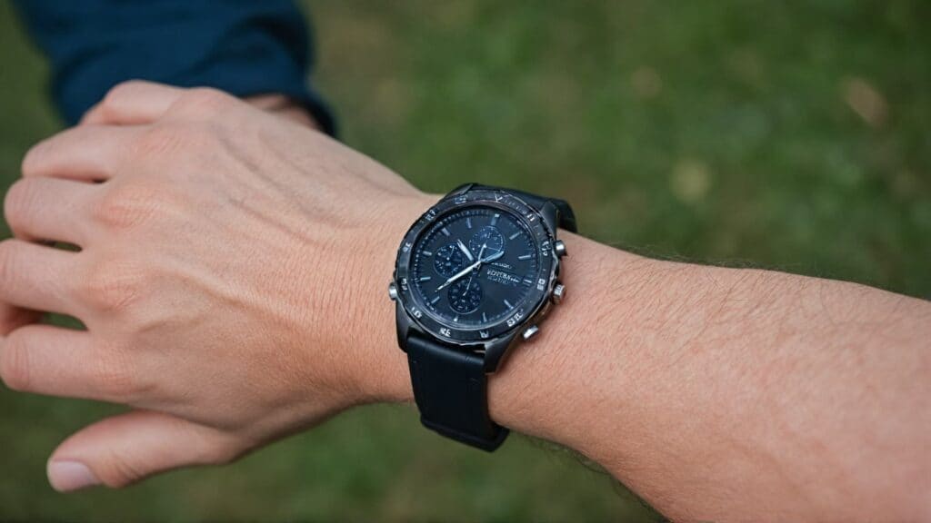 A person wearing a black sports watch on their right wrist, showcasing an alternative watch placement choice based on personal preference or left-handedness.