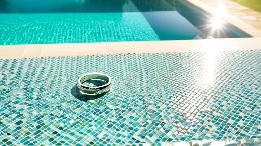 A silver ring resting on a sunlit poolside tile, illustrating the effects of heat and moisture on jewelry durability.