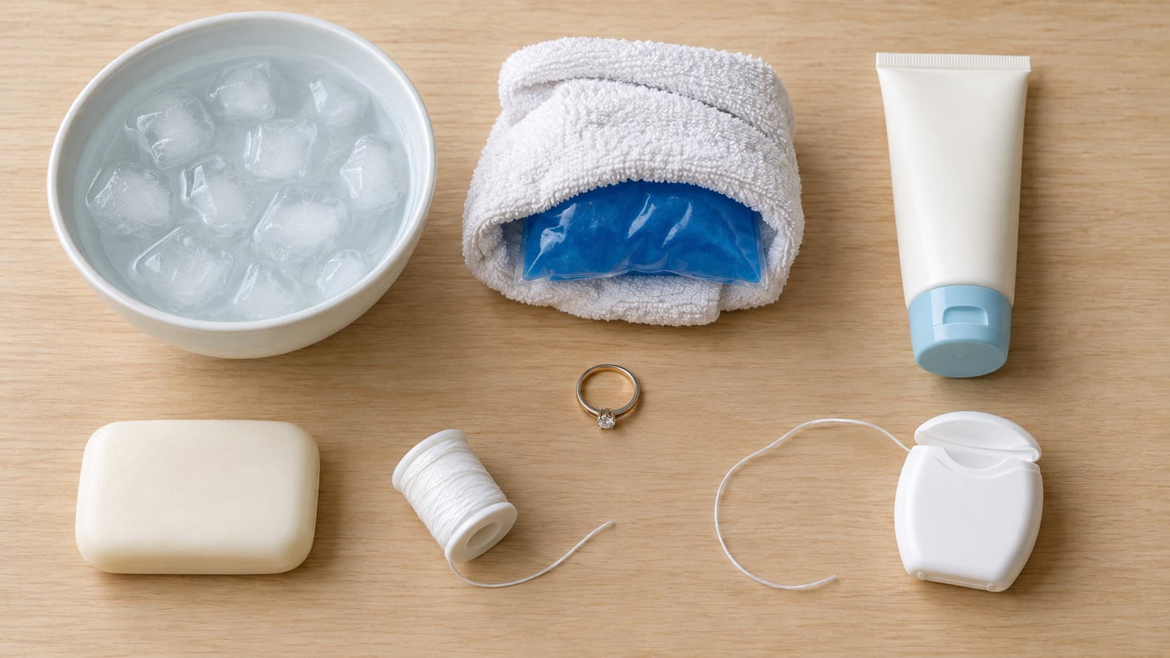 Ice water, ice pack, lotion, soap, string, and dental floss used to remove a stuck ring
