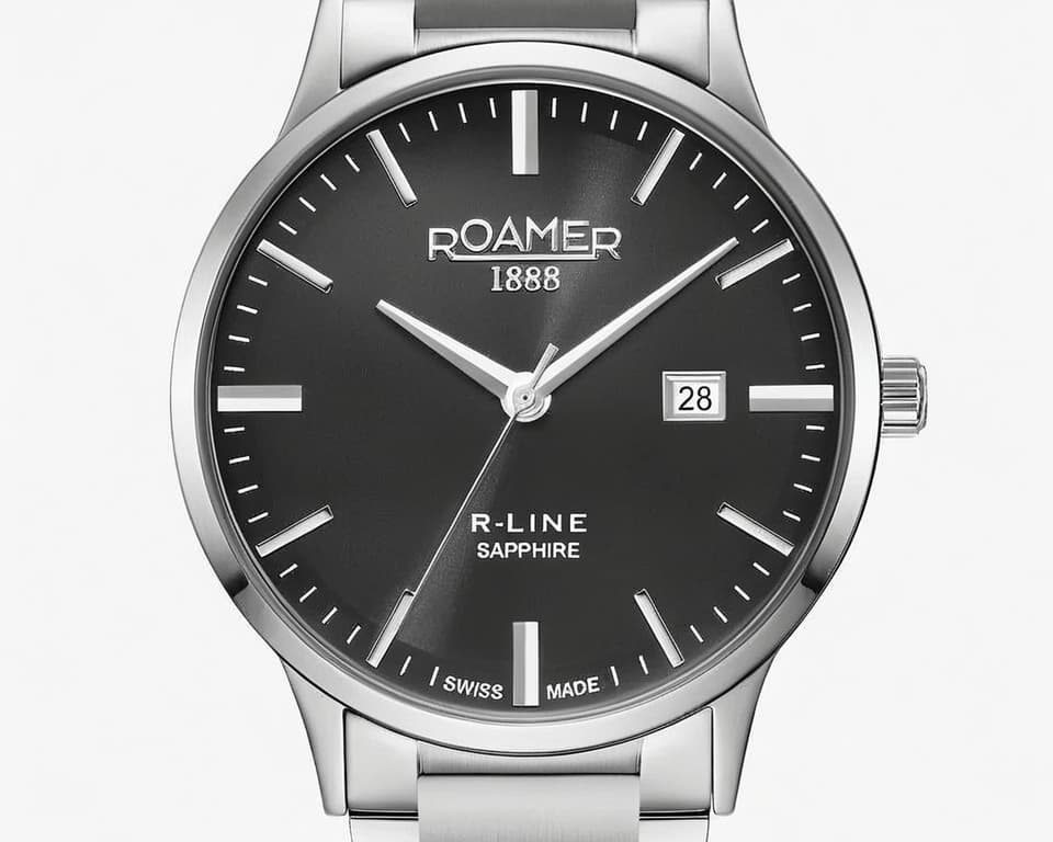 Roamer R-Line men's watch with black dial, sapphire crystal, and stainless steel bracelet