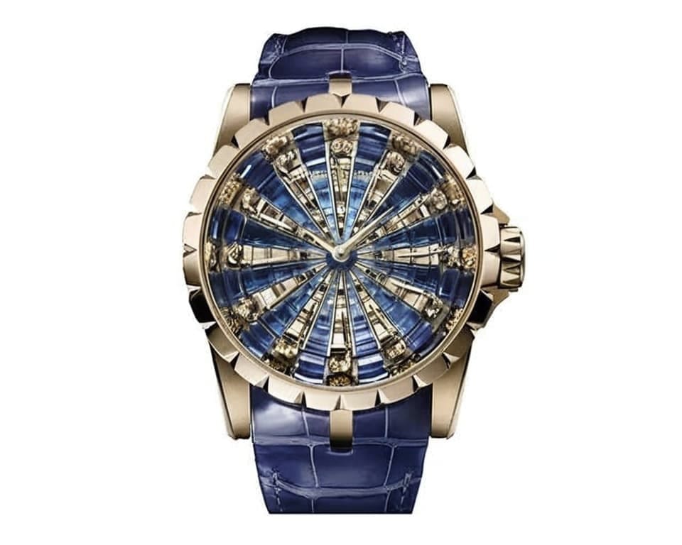 Roger Dubuis Excalibur Knights of the Round Table luxury watch with blue dial, gold case, and intricate skeleton movement displaying premium Swiss craftsmanship