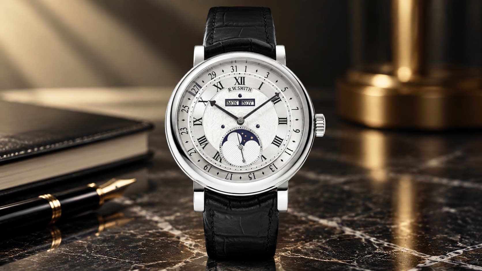 Roger W. Smith Series Four watch with triple calendar and moonphase on a black leather strap