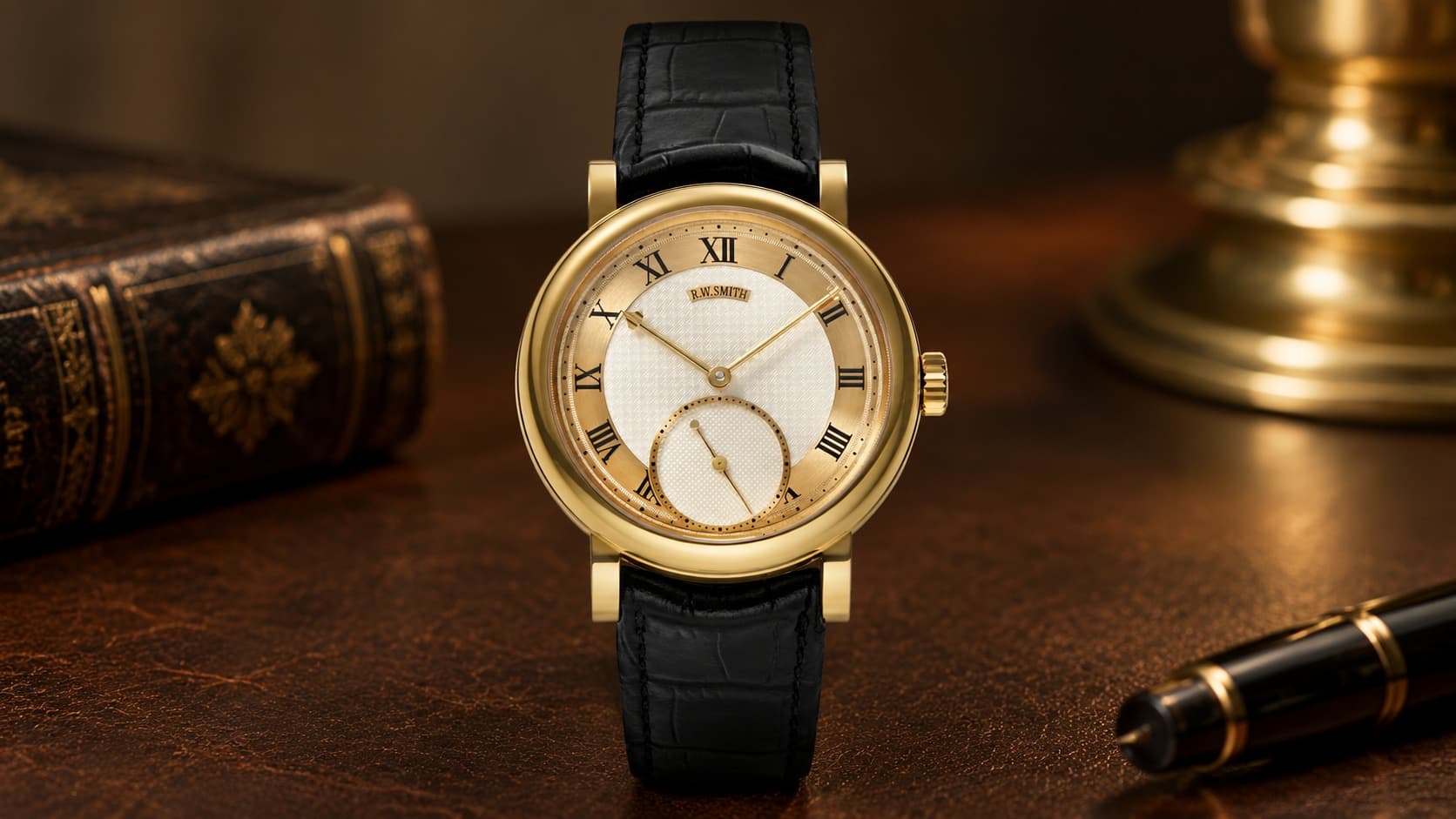 Roger W. Smith Series One watch in gold with a small seconds dial on a black leather strap