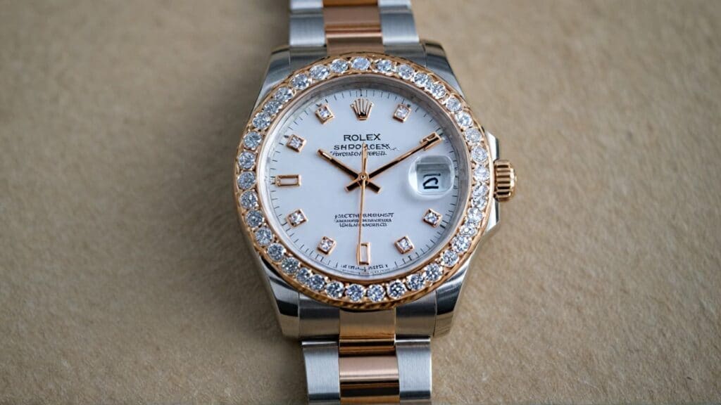 Rolex Datejust with diamond bezel and two-tone bracelet demonstrating high-end watchmaking craftsmanship and luxury timepiece quality
