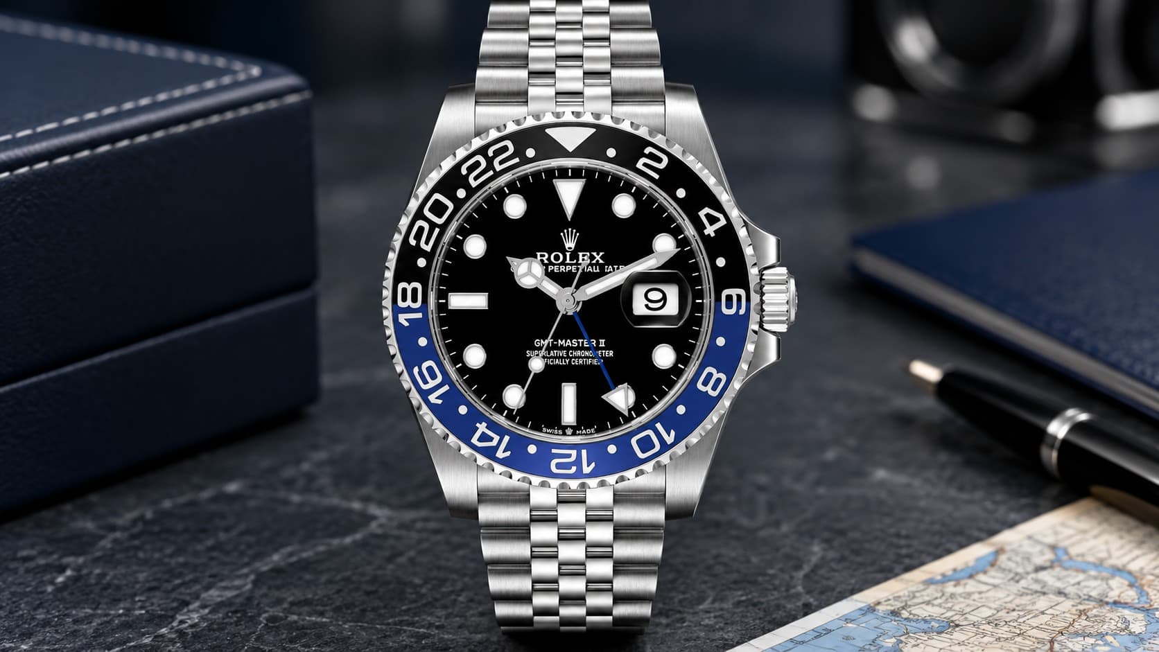 Rolex GMT-Master II Batgirl with black and blue ceramic bezel on a Jubilee bracelet