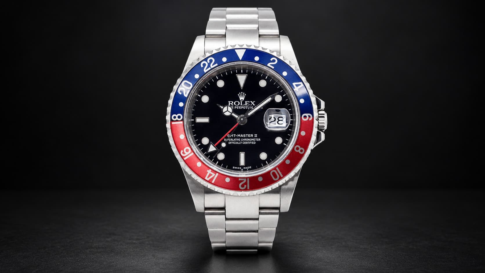 Rolex GMT-Master II Pepsi stainless steel watch with blue and red bezel