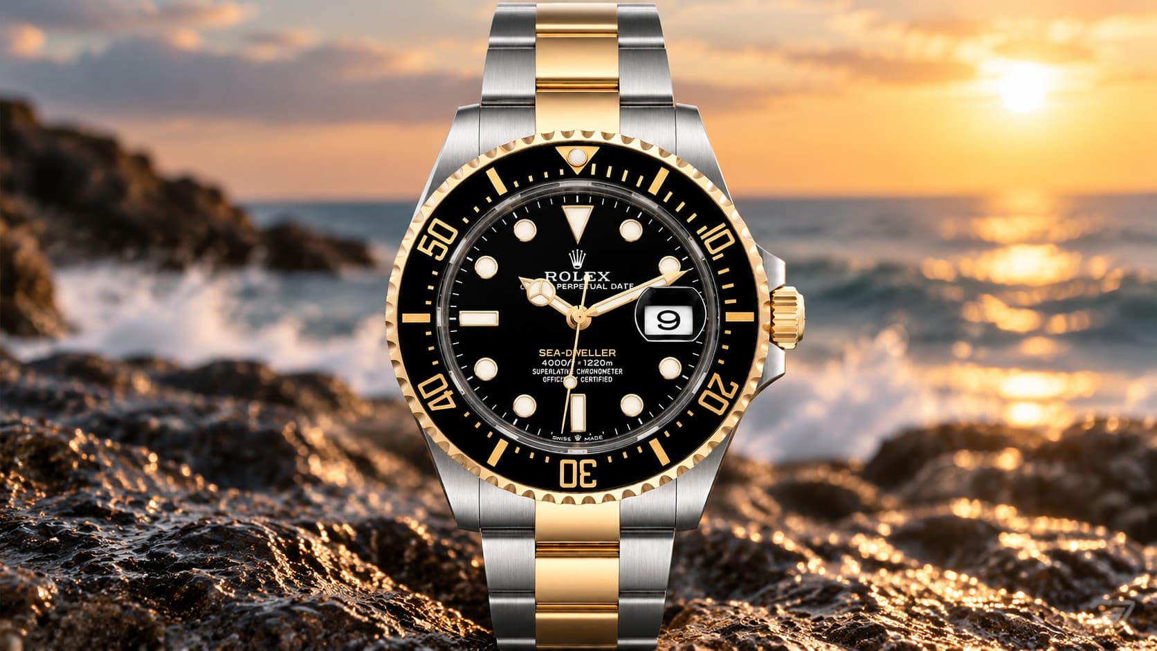 Rolex Sea-Dweller dive watch with a black dial and bezel and a two-tone steel and yellow gold bracelet on a rocky shore at sunset