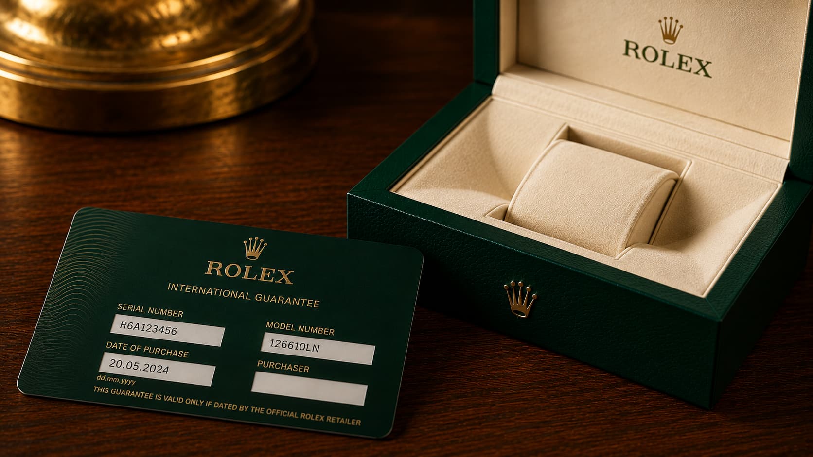 Rolex international warranty card next to an authentic Rolex watch box