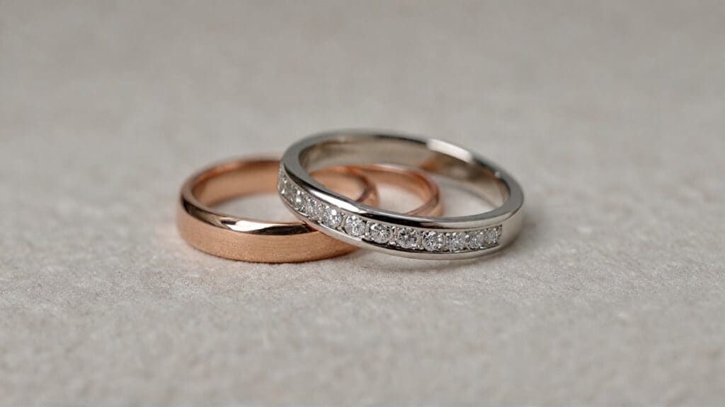 A pair of promise rings, one in rose gold with a simple design and the other in silver with a row of diamonds, symbolizing commitment and love.