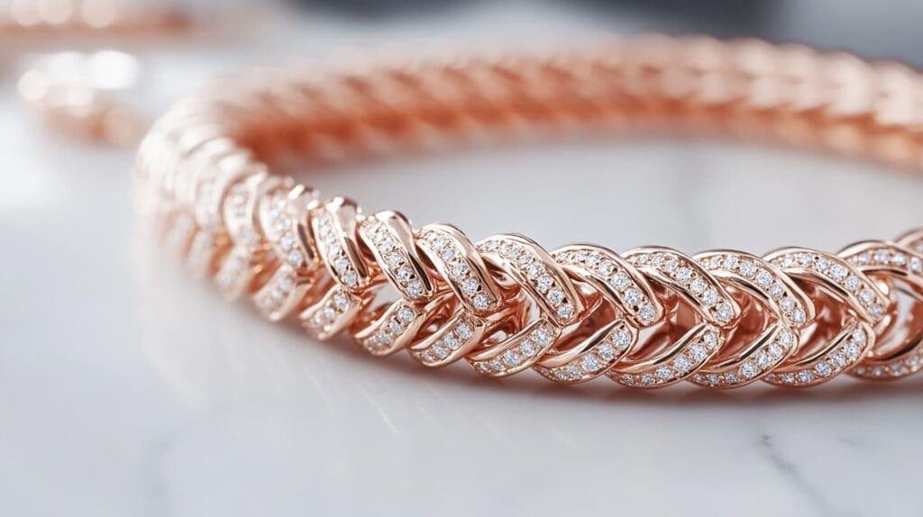 Close-up of a luxurious rose gold chain bracelet encrusted with small diamonds, highlighting the metal's signature pink hue and intricate design.