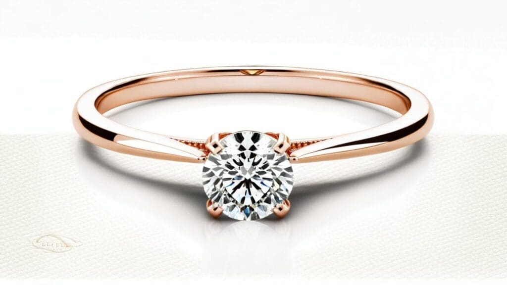 Elegant rose gold diamond solitaire engagement ring featuring a round brilliant cut diamond in a classic four-prong setting