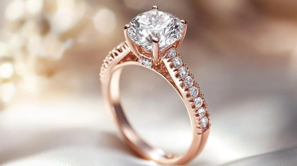 A rose gold engagement ring with a brilliant round-cut diamond and an intricate pavé band design, symbolizing modern elegance and commitment.