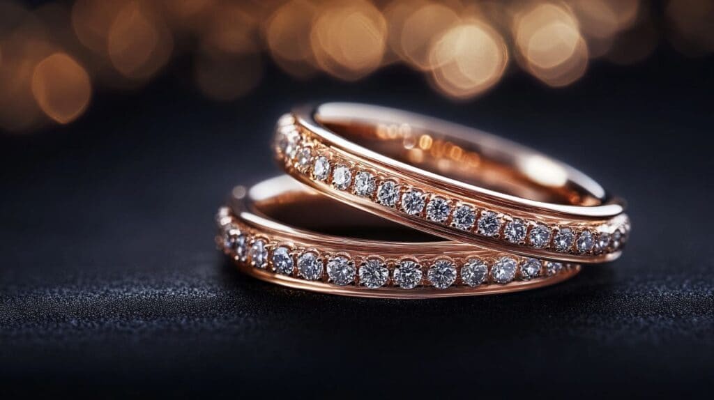 Pair of rose gold wedding bands encrusted with diamonds, elegantly stacked on a black surface with a warm bokeh background.
