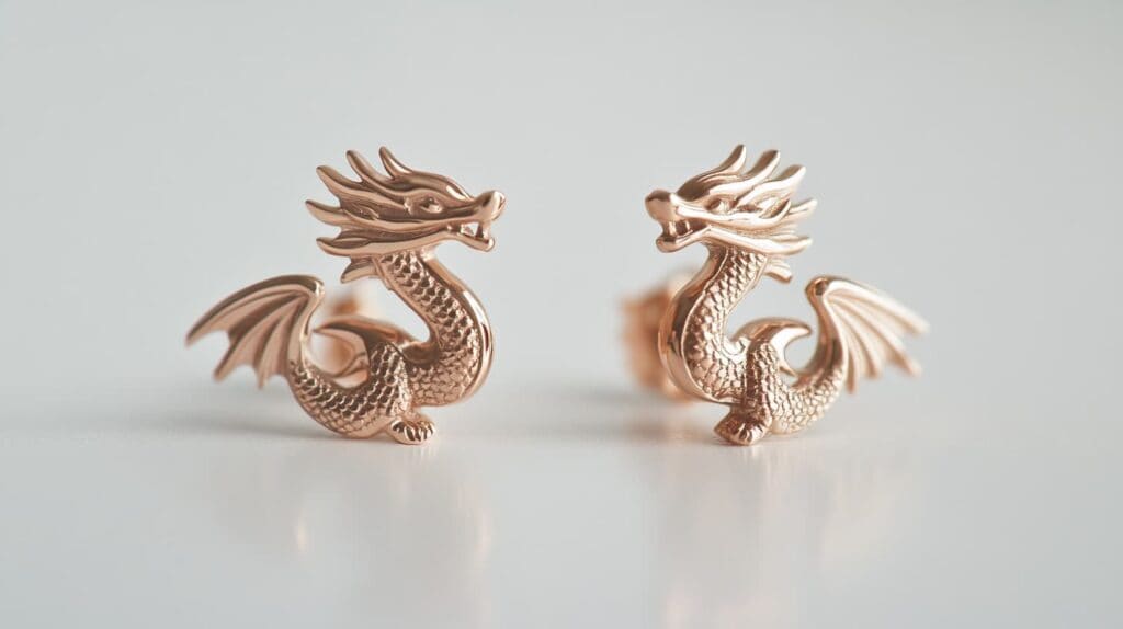 Pair of rose gold dragon earrings with minimalist yet detailed designs, showcasing intertwined dragons for a modern take on mythical symbolism.