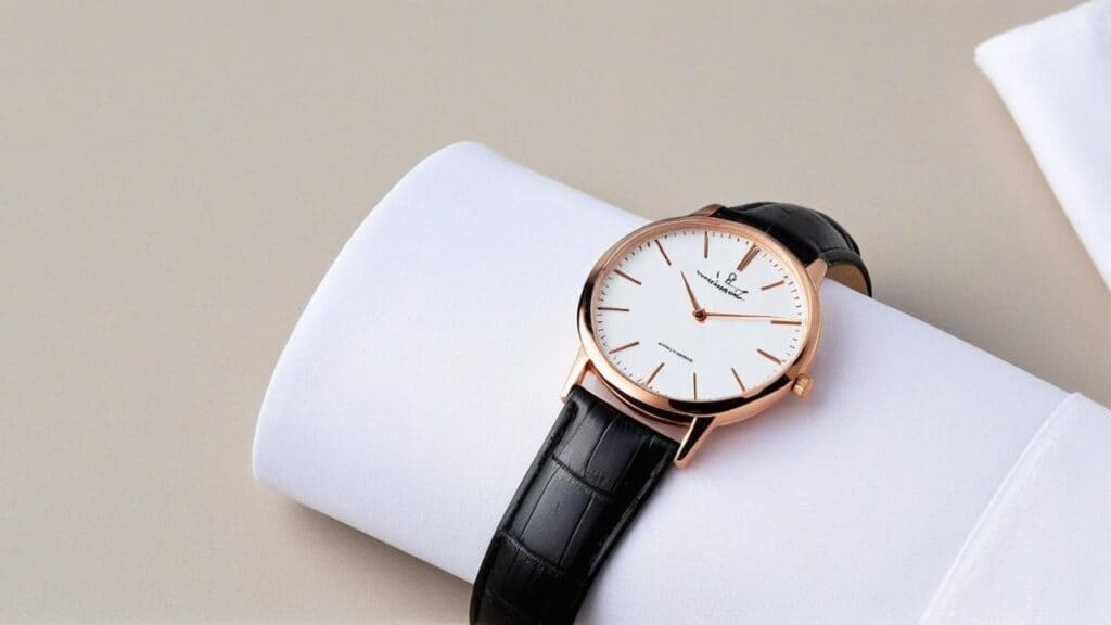 Thin rose gold dress watch with white dial and black leather strap on white pillow display
