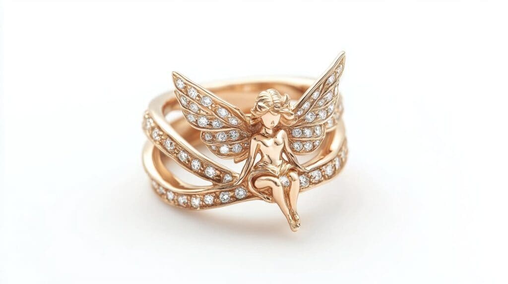 Rose gold fairy ring featuring a seated fairy with diamond-studded wings, set against a clean white background.