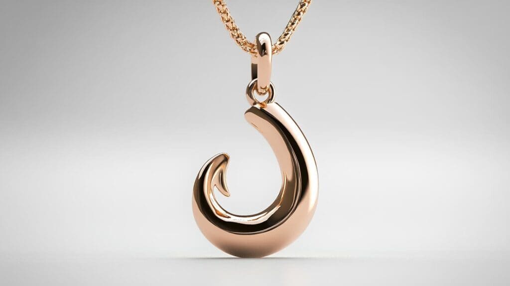 Elegant fish hook pendant in rose gold with a polished finish, blending contemporary design with traditional symbolism of strength and good fortune.