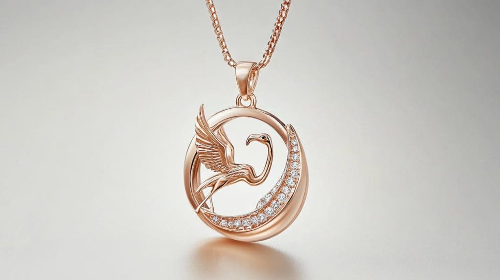 A stunning rose gold flamingo pendant with diamond accents, showcasing the bird in a graceful pose within a circular design, symbolizing elegance and resilience.