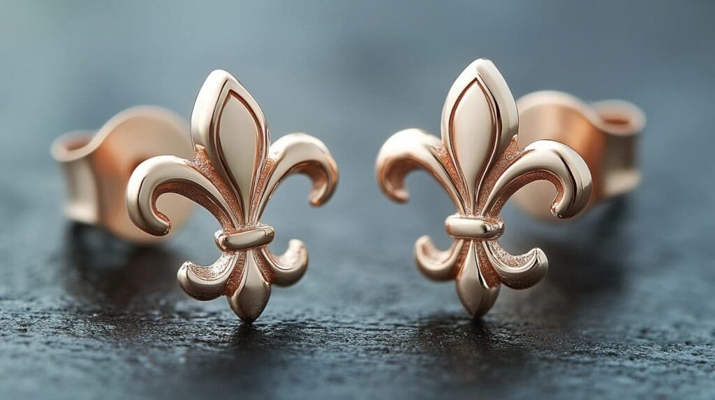 Rose gold fleur-de-lis stud earrings, blending modern elegance with classic symbolism.