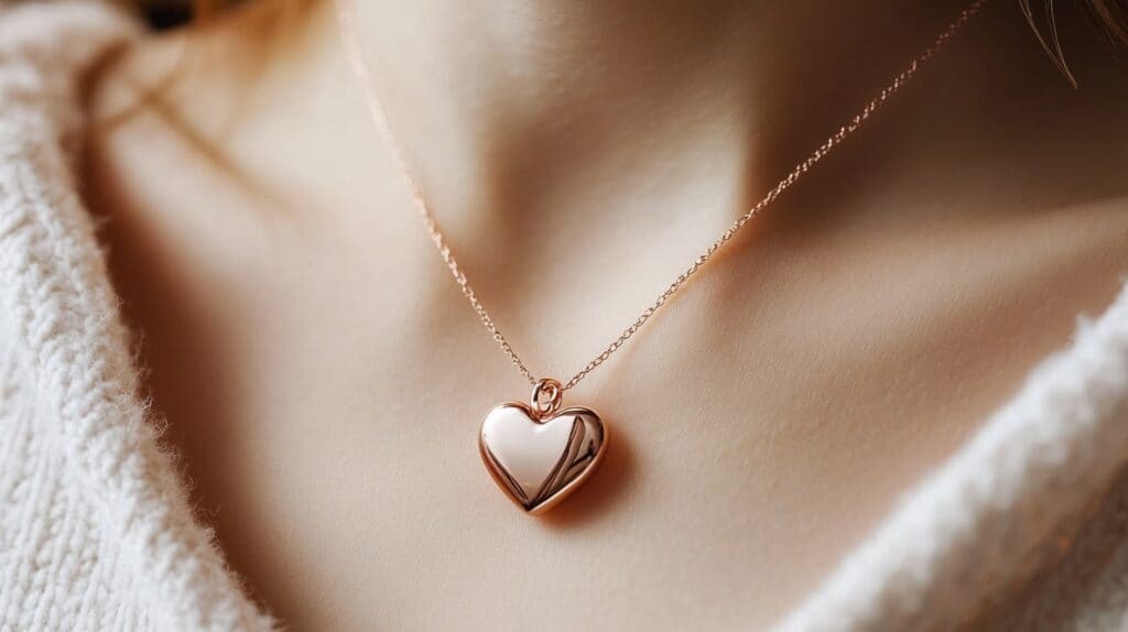 Rose gold heart-shaped pendant necklace worn by a woman, representing love and affection.