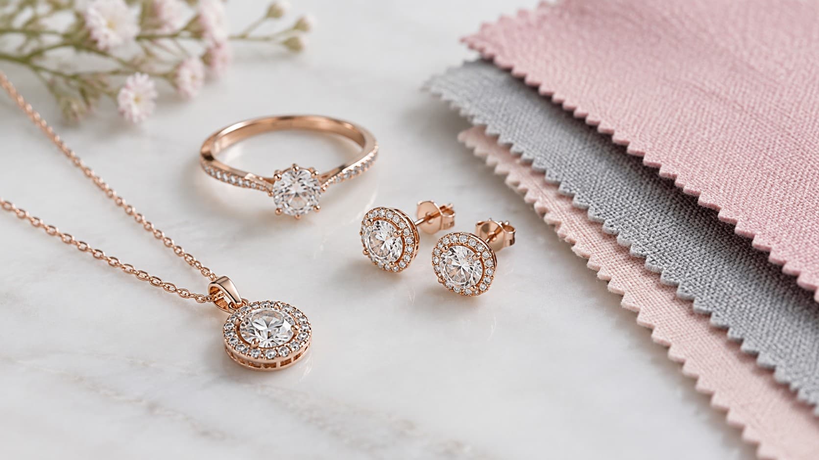 Rose gold necklace, ring, and stud earrings displayed next to pink and gray fabric swatches