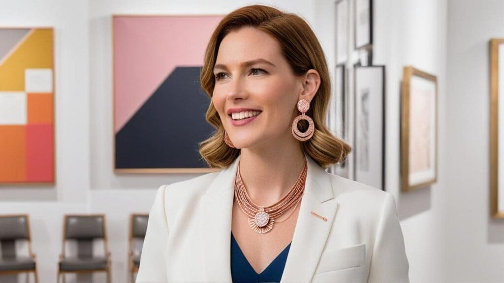 Stylish woman in a white blazer and rose gold statement jewelry attending an art gallery cocktail event.