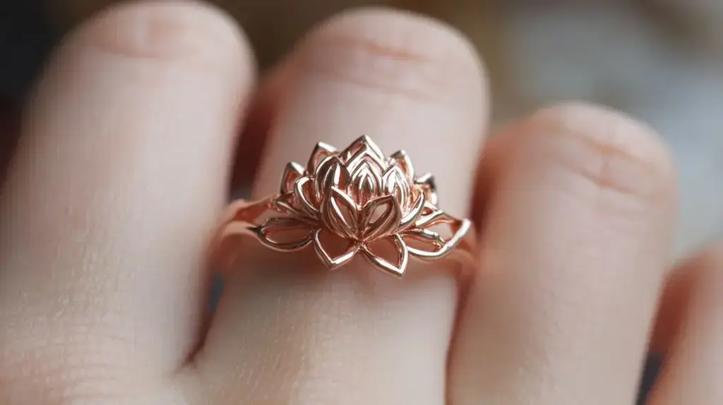 Rose gold lotus flower ring symbolizing purity and beauty, worn on a finger.