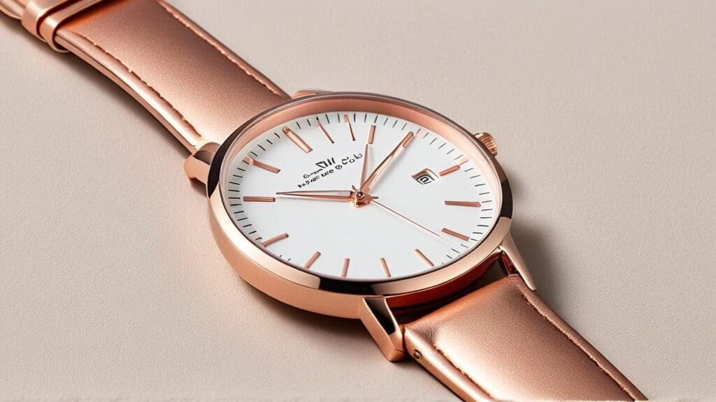 Rose gold watch with white face showing accurate timekeeping before professional servicing maintenance