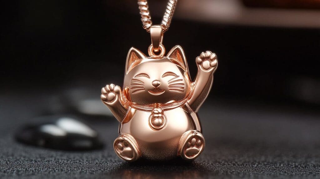 Rose gold Maneki-neko pendant necklace symbolizing good fortune and prosperity, featuring a smiling cat with raised paws in traditional Japanese design.