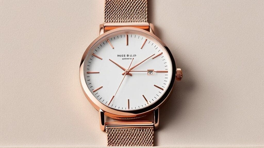 Rose gold mesh watch band featuring breathable design that reduces moisture buildup and skin irritation from metal components