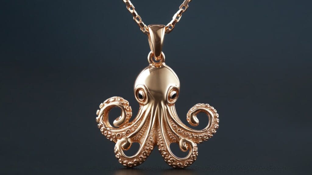Rose gold octopus pendant necklace with intricate tentacle details and a smooth polished finish, combining elegance with marine-inspired symbolism.